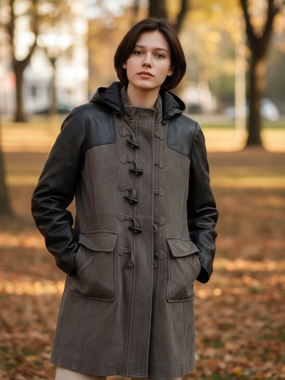 Damier Womens Gray Wool Toggle Pea Coat with Black Leather Sleeves